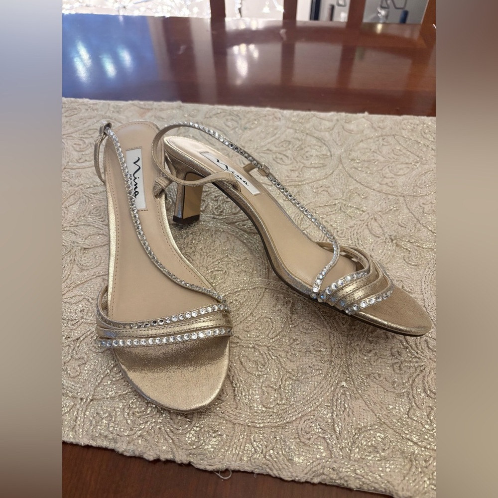 Nina Gerri-Fy Reflective Gold Taupe Strappy Rhinestone Heels